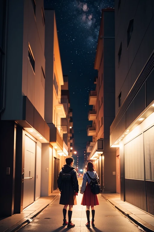 Anime character standing in front of a building with lights on, Sao style anime, Medium shot of two characters, TV animation stills, in the anime film, screenshot from the anime film, Today’s recommended anime still, anime movie screenshot, Screenshot of the 2012 animation, Still from anime, with two characters, As estrelas, anime screenshot