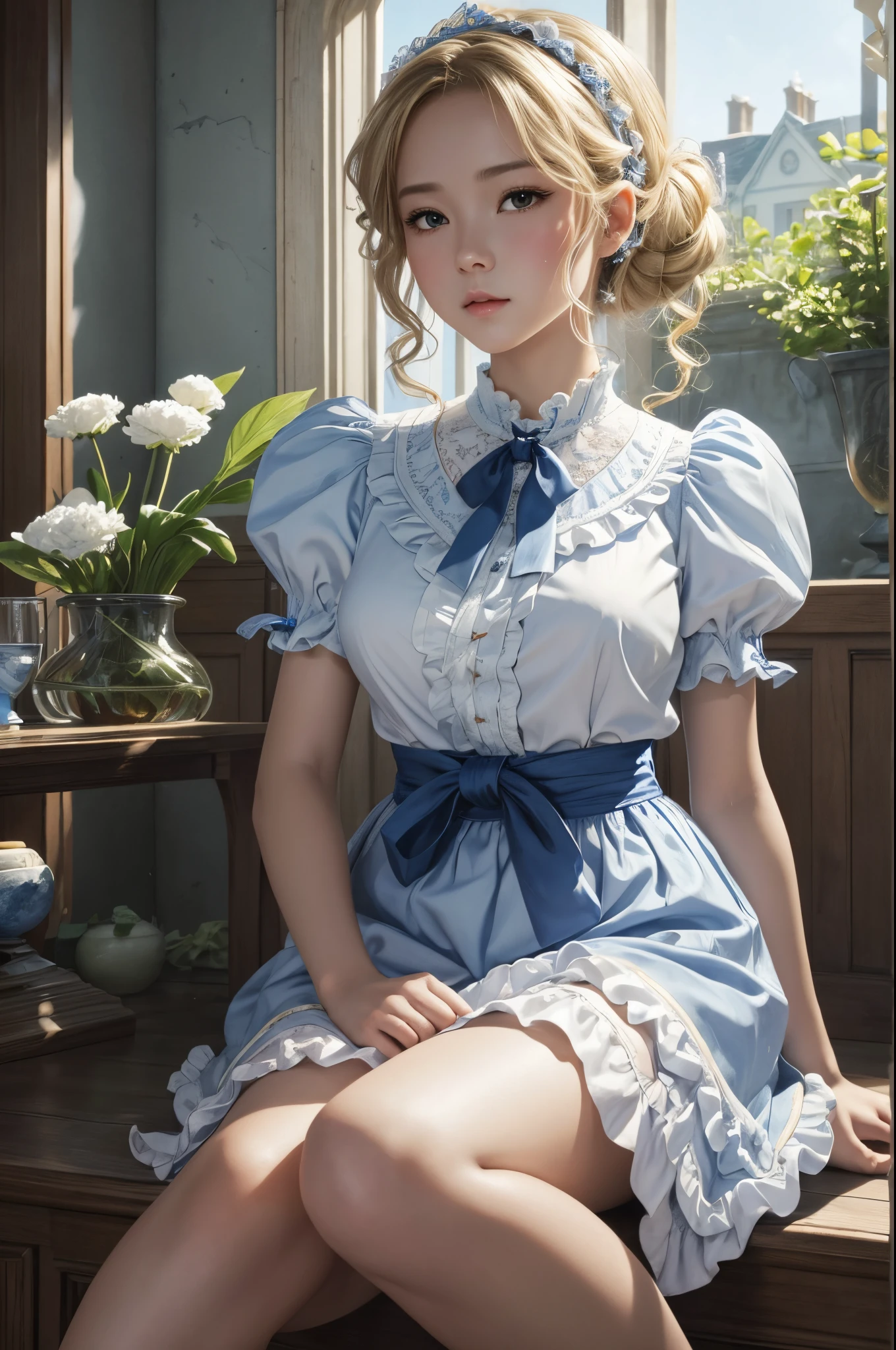 8K、of the highest quality、masutepiece、超A high resolution、(Photorealsitic:1.4)、1 infant maid、blonde short perm hair、small breasted infant maid,Super beauty(Like the real thing)Ruffled headband、poneyTail、Braided hair、frilled blouse、Ribbon Ties、 Pinnafor、long  skirt、puff sleeves、white silk ankle sokril、glistning skin、 In front of a large blue and white mansion、Sharp eye light,deadpan,beatiful backgrounds,超A high resolution,super realistic skin,Beautiful expression,Fantasyart,reallistic,super detailing,ultra -detail,character art,