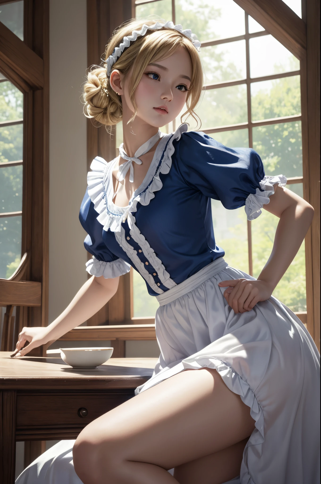8K、of the highest quality、masutepiece、超A high resolution、(Photorealsitic:1.4)、1 maid、blonde short perm hair、small breasted infantSuper beauty(Like the real thing)Ruffled headband、poneyTail、Braided hair、frilled blouse、Ribbon Ties、 Pinnafor、long skirt、puff sleeves、white silk ankle sokril、glistning skin、 In front of a large blue and white mansion、Sharp eye light,deadpan,beatiful backgrounds,超A high resolution,super realistic skin,Beautiful expression,Fantasyart,reallistic,super detailing,ultra -detail,character art,