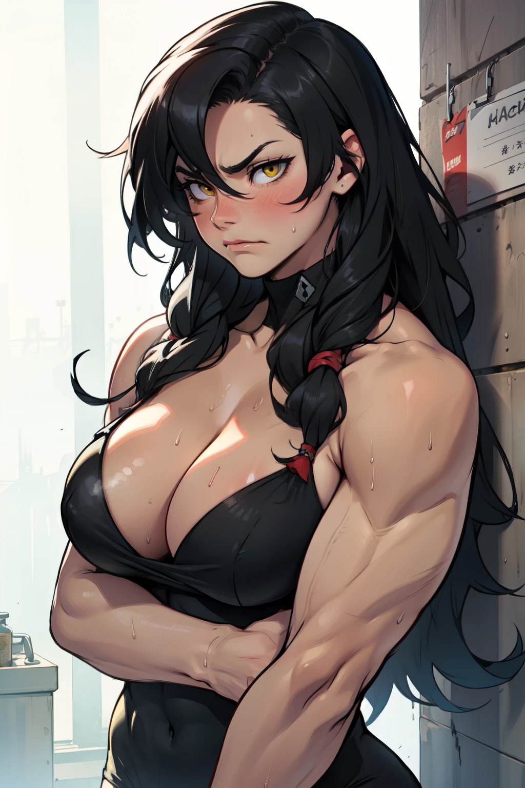 muscular black hair yellow eyes pale skin girl sad cleavage breasts blushing frown sweaty long straight hair long straight hair