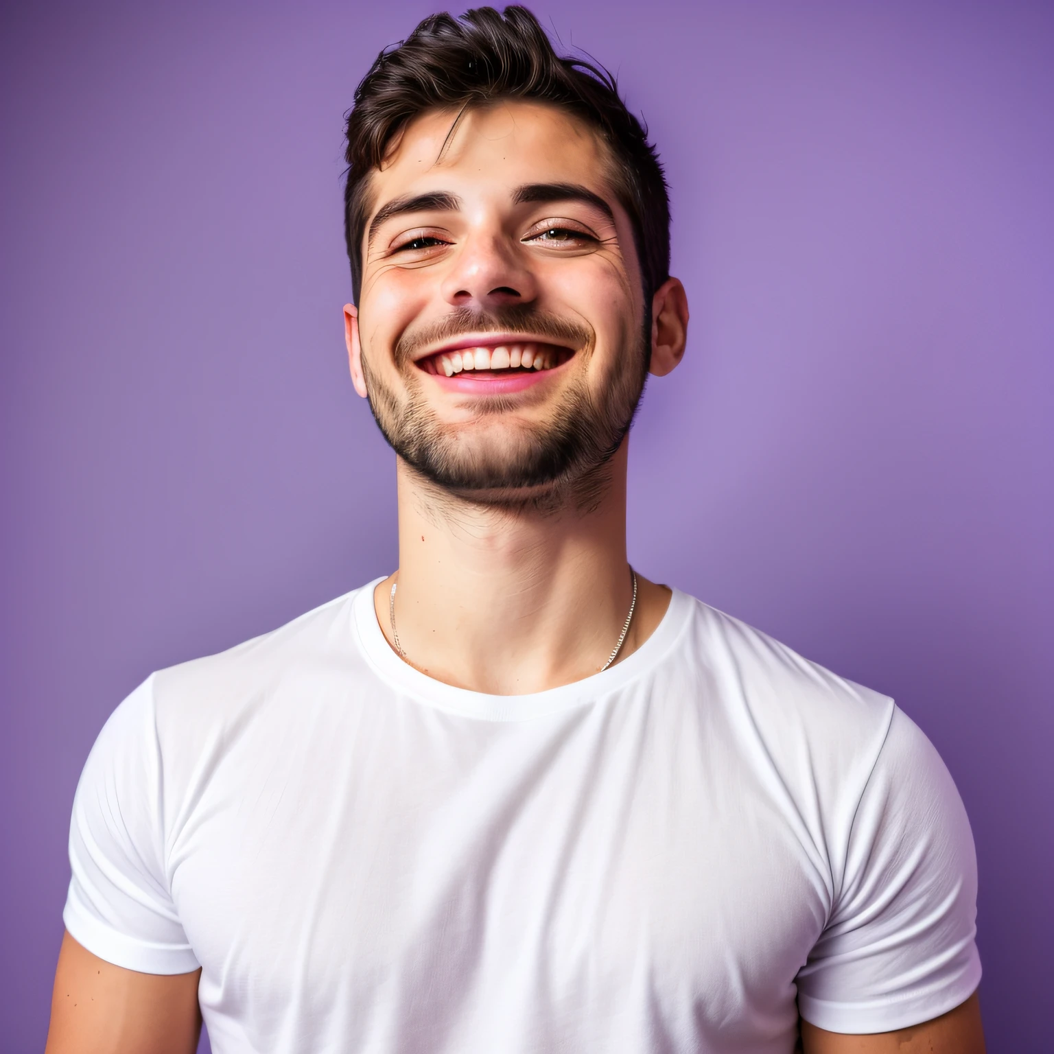 photo of a man, man wearing white tshirt smiling looking up, purple background, professional photography, high resolution, 4k, detailed photo,