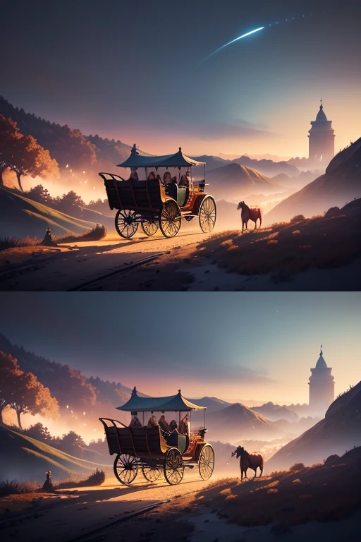 directly converted into a detailed、High-quality prompts are as follows：
"A person riding a horse carriage in an animated scene (anime:1.1). The scene  depicted like a still from an animated movie released in 2012 (stylized:1.1). The animation  visually stunning with detailed and colorful artwork (best quality, highres, vibrant colors:1.2). The horse carriage  shown in a picturesque landscape with beautiful scenery (landscape, scenic background:1.1). The character in the scene  wearing an elegant and traditional attire, reflecting the anime's setting (traditional clothing:1.1). The animation captures a moment of dynamic movement, showing the horse carriage in motion (dynamic action:1.1). The lighting in the scene  carefully depicted, creating a warm and inviting atmosphere (warm lighting:1.1). The animation still evokes a sense of adventure and excitement, capturing the viewer's attention (captivating, adventurous:1.1)."

Please note，The above prompt  just an example，You can use your imagination and creativity，Add more relevant screen details，to make the generated images richer and more realistic。