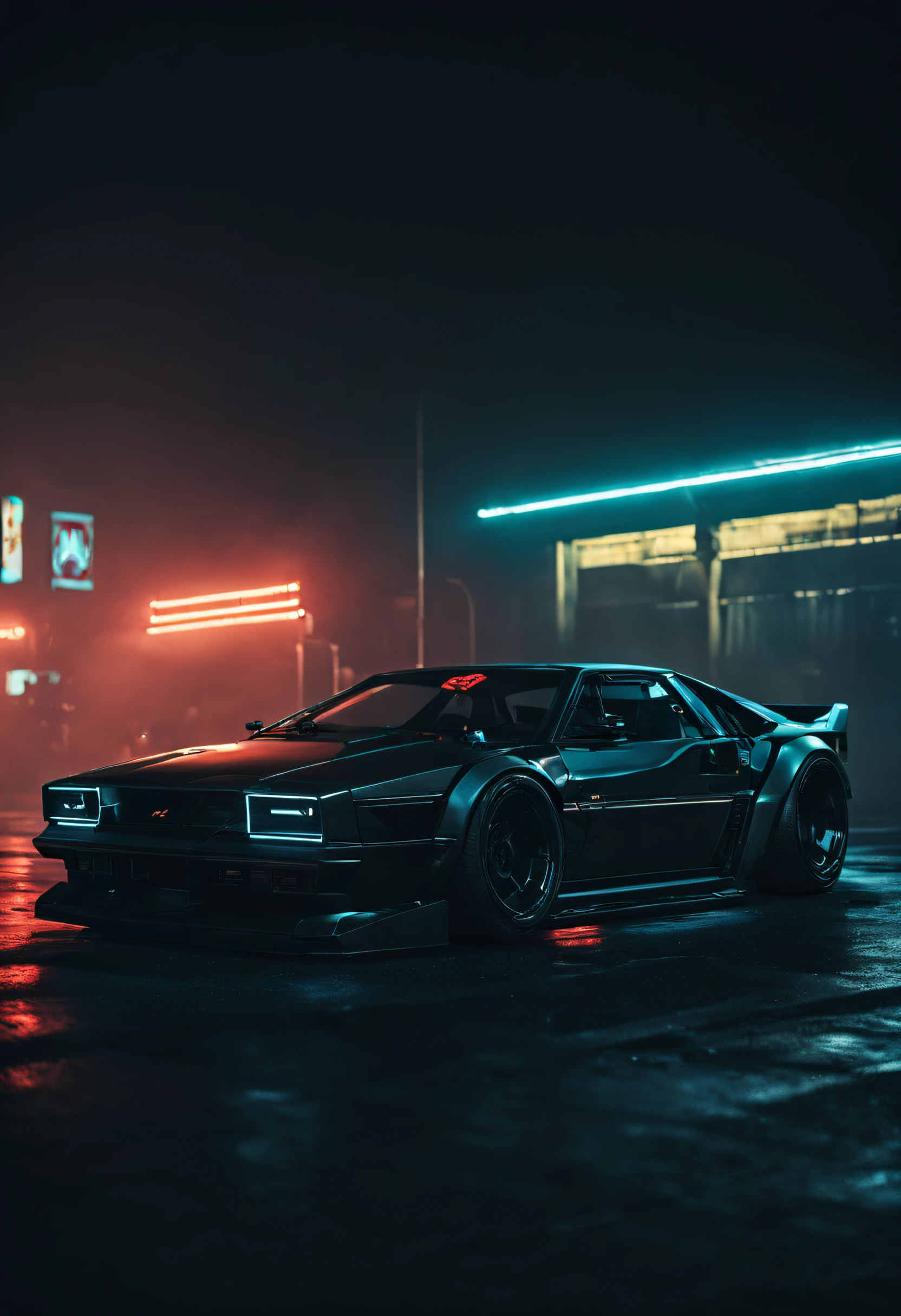 (intrincated details:1.2), (photorealistic), (masterpiece), (photography), cinematic lighting,
KITT cyberpunk, black car,, wide tyres,, no humans, scenery, solo, vehicle focus, night time, , neon lights,side view, headlights, frontal 3/4 view, wheels outside the body,