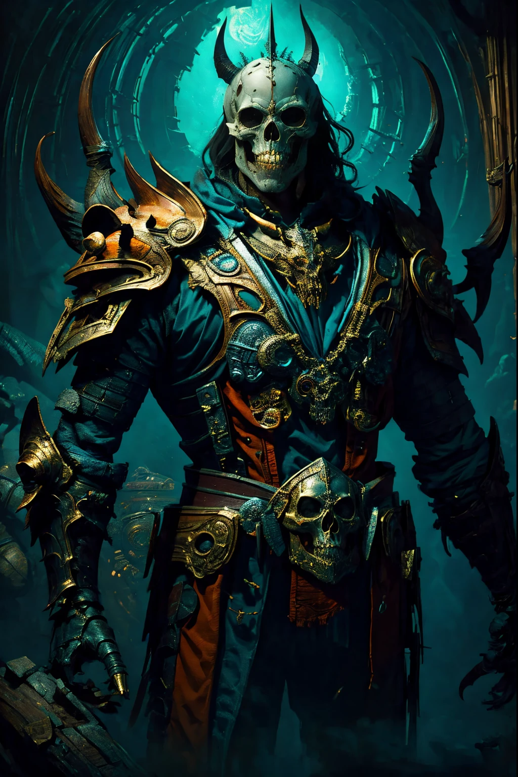 evil, Gothic art, chiaroscuro, tachi-e, projected inset, dutch angle, emphasis lines, masterpiece, ccurate, anatomically correct, highres, best quality, super detail, award winning,D14bl0 style Skeleton King,Humanoid monsters,The body wrapped in armor,The face a skeleton,Bones can be seen where there no armor on the abdomen,Kingly style,Epic war fantasy digital art,(greg rutkovsky:0.8), (cyan and orange:0.4),