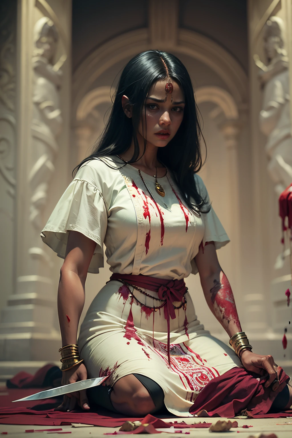 Realistic digital art photo from tribal ritual with woman in white dress, bloods, victim, knife, Blood Sacrifice, ritual, Human Sacrifice, cult, Ritual Murder, ceremony, by Greg Rutkowsky, b&em, Vintage photography, surrealism, Fantasy, Dark Fantasy, Artstation, by Greg Rutkowsky, by Frank Frazetta, art by artgerm, Horror