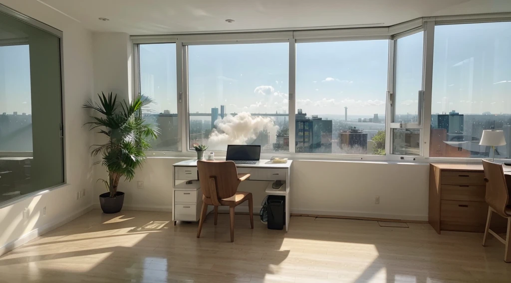 (bright,natural light:1.1),(best quality:1.2),HDR,highres,portrait:1.1,photorealistic:1.37,minimalist style,desk with a computer:1.1,laptop,modern office,large window with cityscape view:1.1,comfortable chair:1.1,green plants,organized shelves,calm atmosphere,neatly arranged documents,decorative wall art,reflection on the glass surface,professional attire and appearance,steam rising from a cup of coffee,relaxing background music,hints of warm colors,subtle shadows,peaceful ambiance.