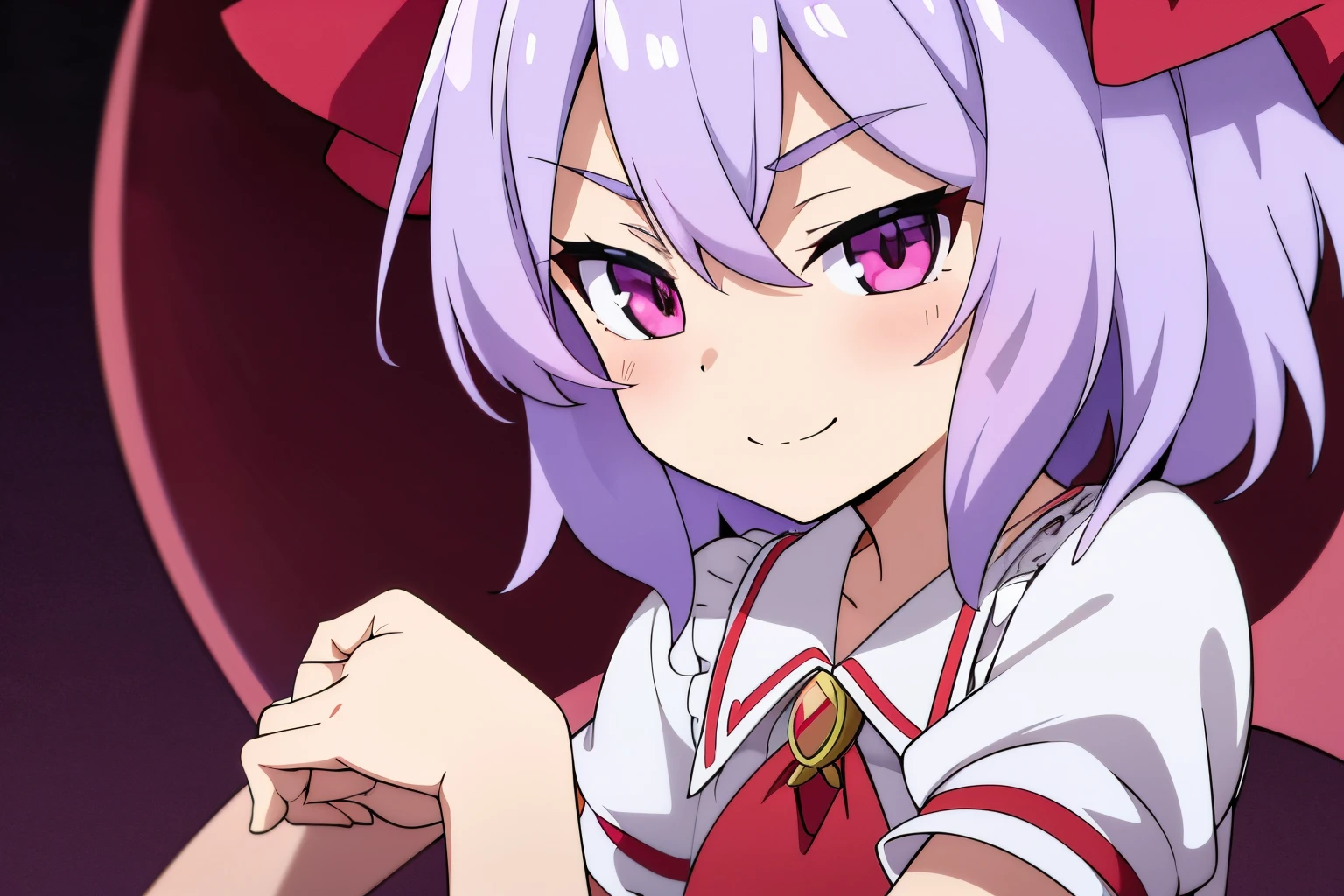 Anime style、Best Quality, 1girl in, Solo, （Remilia Scarlett staring at the camera）、From upper body up、美丽的面容、villainess、Evil、Bad smile、((Short sleeves))、Petite、childish、White dress style shirt、 Fantastic background