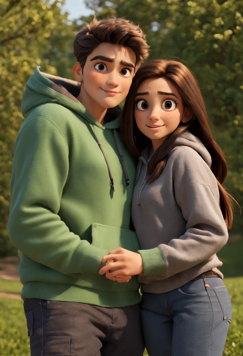 (um casal de juntos a sorrir), (cabelo castanho e olhos castanhos) ,(Pixar e Disney inspirados),(cores vibrantes),(soft lighting),(woman in dark jeans and gray sweater), (man in dark green hooded sweatshirt and black cargo pants), (homem cabelo encaracolado castanho), (mulher cabelo ondulado castanho), (mulher sapatilhas pretas), (homem sapatilhas pretas)