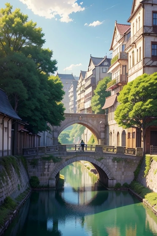 Anime scene of a woman walking across a bridge over a river, beautiful anime scenes, Anime beautiful peaceful scene, screenshot from the anime film, Screenshot of the 2012 animation, beautiful anime scenery, Greengar, Anime landscape concept art, ancient city streets behind her, Bustling magic town, anime scene, Anime countryside landscape, Anime background art, Anime landscapes