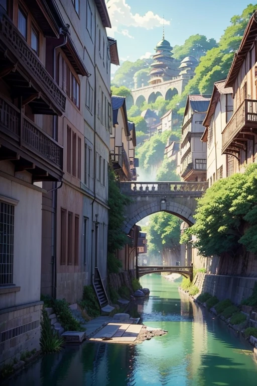 Anime scene of a woman walking across a bridge over a river, beautiful anime scenes, Anime beautiful peaceful scene, screenshot from the anime film, Screenshot of the 2012 animation, beautiful anime scenery, Greengar, Anime landscape concept art, ancient city streets behind her, Bustling magic town, anime scene, Anime countryside landscape, Anime background art, Anime landscapes