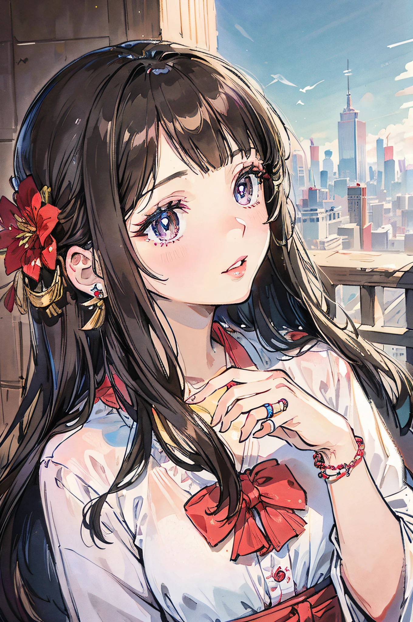 (masutepiece), (Portrait), (Aesthetic), (Beautiful), (upper blody), (High quality), (aesthetic clothings), (professional angle), (third minnie rules), (Woman), (Female), (Beautiful),(Feminine features), (25-years old), Solo, 1 woman, (attractive Chilean), ((chiri)), spring, Soft light, (Standing), Natural makeup, (Medium bust), (), (Front face), (Joyful expression), ((playful mood)), earrings, ((Long hair)), (Black hair), (Straight hair), (Silky hair), Shiny hair, (Hairpins for hair), (brown isle shlook), (Fair skin), (Floral clothing), (Blouse), (Cardigan), (Skirt), Lover's Neckline), ((Background of the city of Santiago)), (Costanera Center in the background), (Full Shot Shot), Beautiful hands, Two hands, normal hands, Two arms, complete hands, Beautiful body, Beautiful fingers, normal fingers, Five Fingers, Five Fingers, (Thumb, index finger, ring finger, little finger, beautiful ears, normal ears, Beautiful eyes, shiny eyes, Beautiful mouth, Beautiful lips,