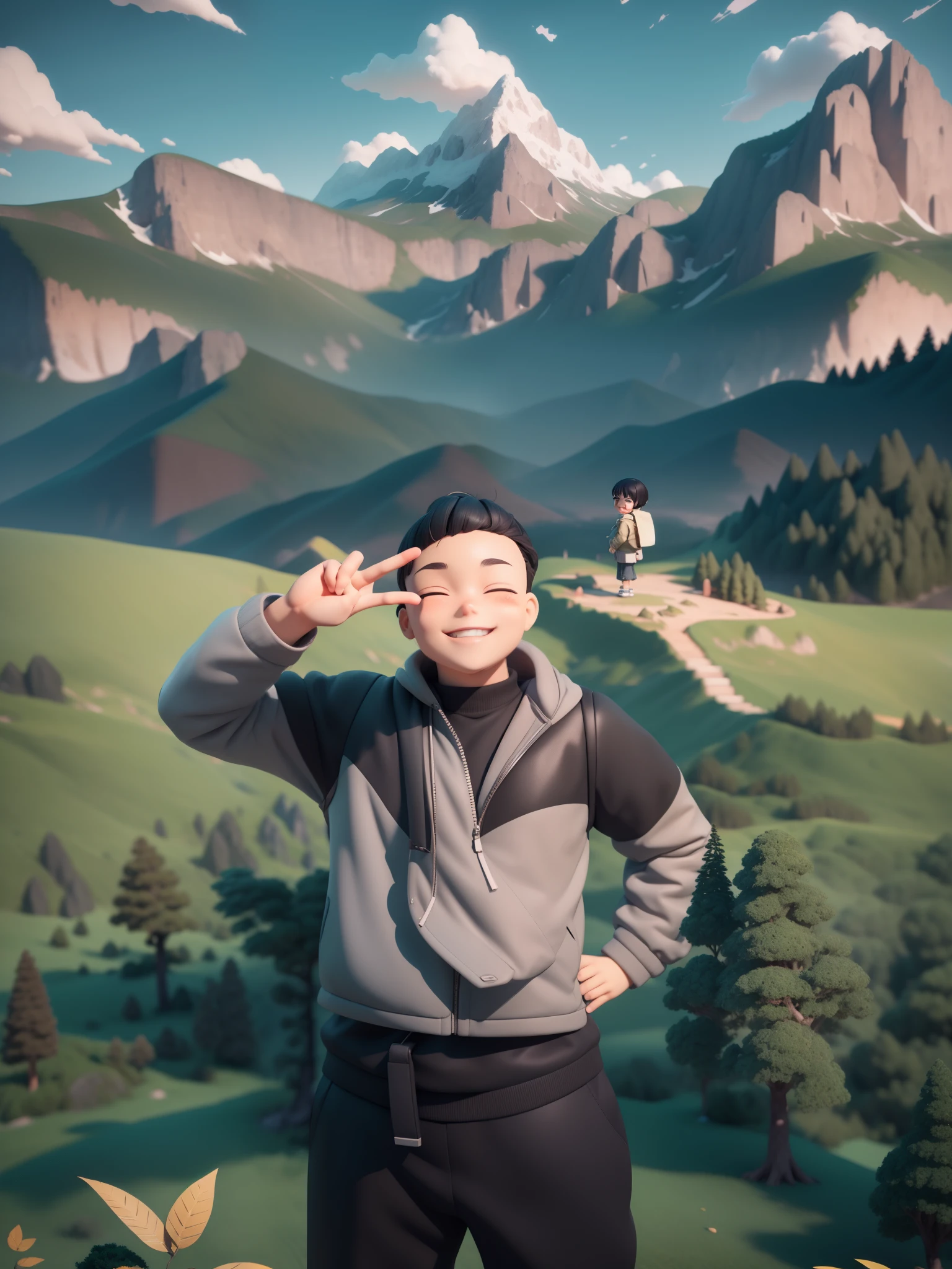 chibi boy in a gray jacket and black pants standing in a field, v hand pose , tan skin, black hair, smiling face, cartoon character, with mountains in the background, with mountains in background, moutain in background, hills in the background, in front of a forest background, with mountains as background, mountain in the background, mountains in the background, standing in front of a mountain, forrest in the background, chibi, cute, animation style rendering, cute 3 D rendering, small characters. Unreal Engine 5, stylized anime, cute detailed digital art, Atey Ghailan 8 K, stylized 3D rendering, adventure surreal rendering, anime style 3D, 3D rendering stylized