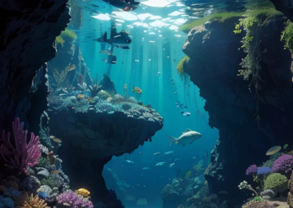 Underwater scenery, wide angle view, ((silhouette)), deep blue mood, very deep water, cave diving, (((view from sea bottom, miles far away from water surface))), looking upward, hazy back lighting)), fleet of fishes 🐟🐟🐟🐟🐟🐟🐟🐟, many rare sea creatures, Tardigrade, (Pantopoda), Giant Isopod, Chimaera, prehistoric sea creature, sea cliffs, epic acrylic painting
