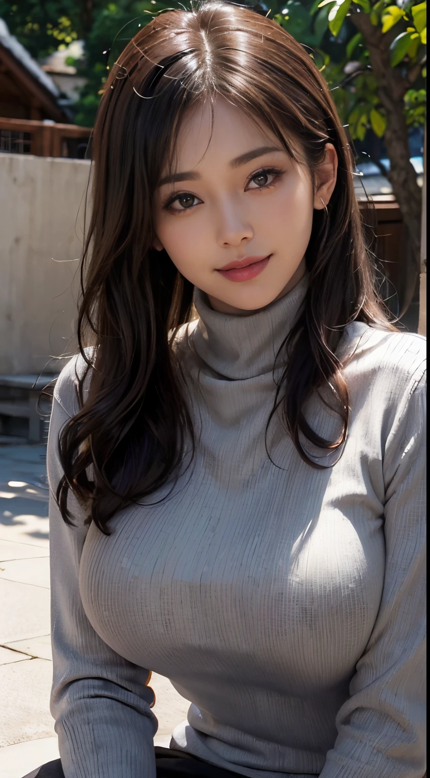 A close up of a woman sitting on a bench wearing a turtle neck sweater ...