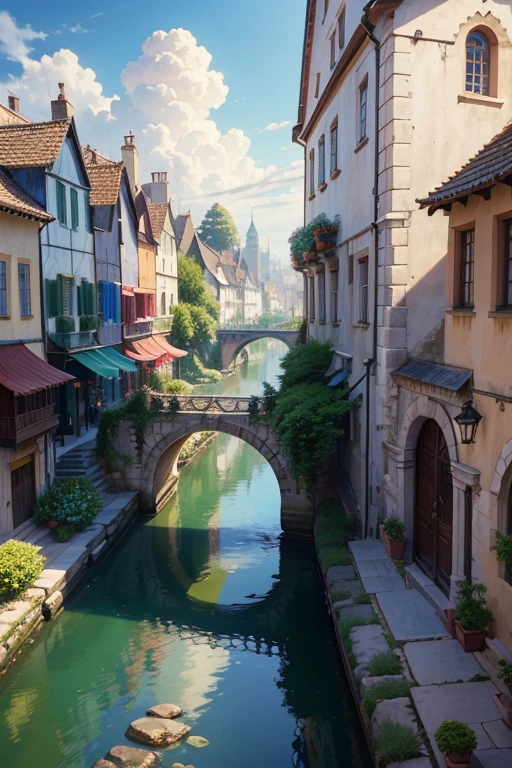 (best quality,4k,highres,masterpiece:1.2),ultra-detailed,realistic:1.37,anime,landscape,beautiful detailed eyes,beautiful detailed lips,extremely detailed face,bridge across the river,peaceful atmosphere,cartoon movie screenshot,2012 cartoon screenshot,beautiful cartoon scenery,Gruen-gall,concept art of cartoon scenery,an ancient city street behind her,bustling magical town,cartoon scene,cartoon countryside scenery,cartoon background art,cartoon scenery