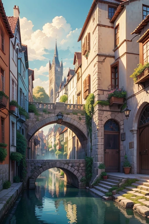 (best quality,4k,highres,masterpiece:1.2),ultra-detailed,realistic:1.37,anime,landscape,beautiful detailed eyes,beautiful detailed lips,extremely detailed face,bridge across the river,peaceful atmosphere,cartoon movie screenshot,2012 cartoon screenshot,beautiful cartoon scenery,Gruen-gall,concept art of cartoon scenery,an ancient city street behind her,bustling magical town,cartoon scene,cartoon countryside scenery,cartoon background art,cartoon scenery