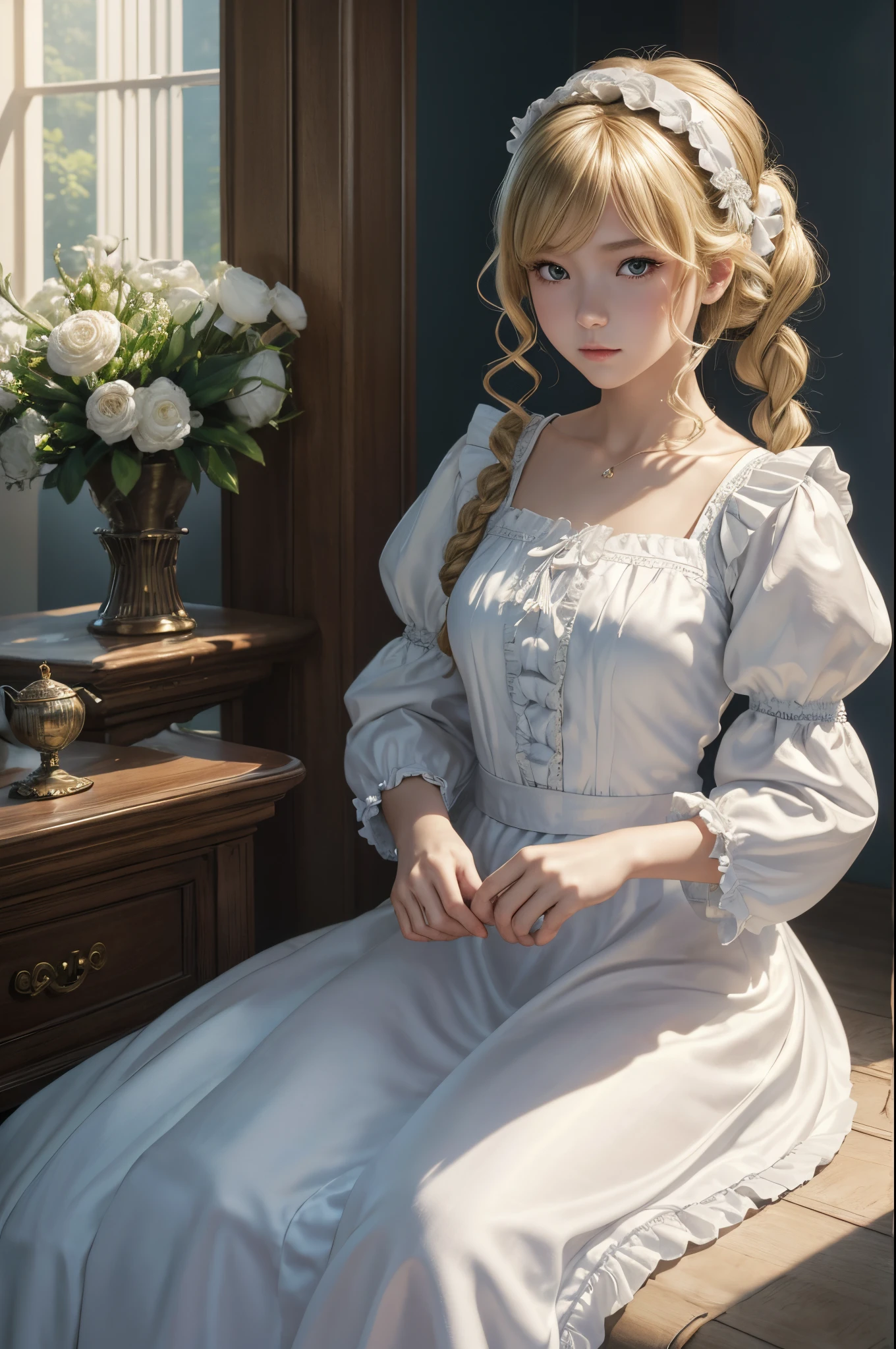 8K、of the highest quality、masutepiece、超A high resolution、(Photorealsitic:1.4)、1  maid、toddlewith sword,blonde short perm hair、small breasted infant maid,Seauty(Like the real thing)Ruffled headband、poneyTail、Braided hair、frilled blouse、Ribbon Ties、 Pinnafor、long  skirt、puff sleeves、white silk ankle sokril、glistning skin、 In front of a large blue and white mansion、Sharp eye light,deadpan,beatiful backgrounds,超A high resolution,super realistic skin,Beautiful expression,Fantasyart,reallistic,super detailing,ultra -detail,character art,Glaring at the viewer,