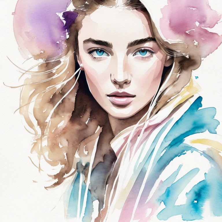 Fashion illustration of David Downton, delicate watercolor colors, blonde woman, Thin Hair, cute face, Andrea Diaconu, earphones, hoodie, Drawing, luxury, Calm, lilac, light blue, pale pink