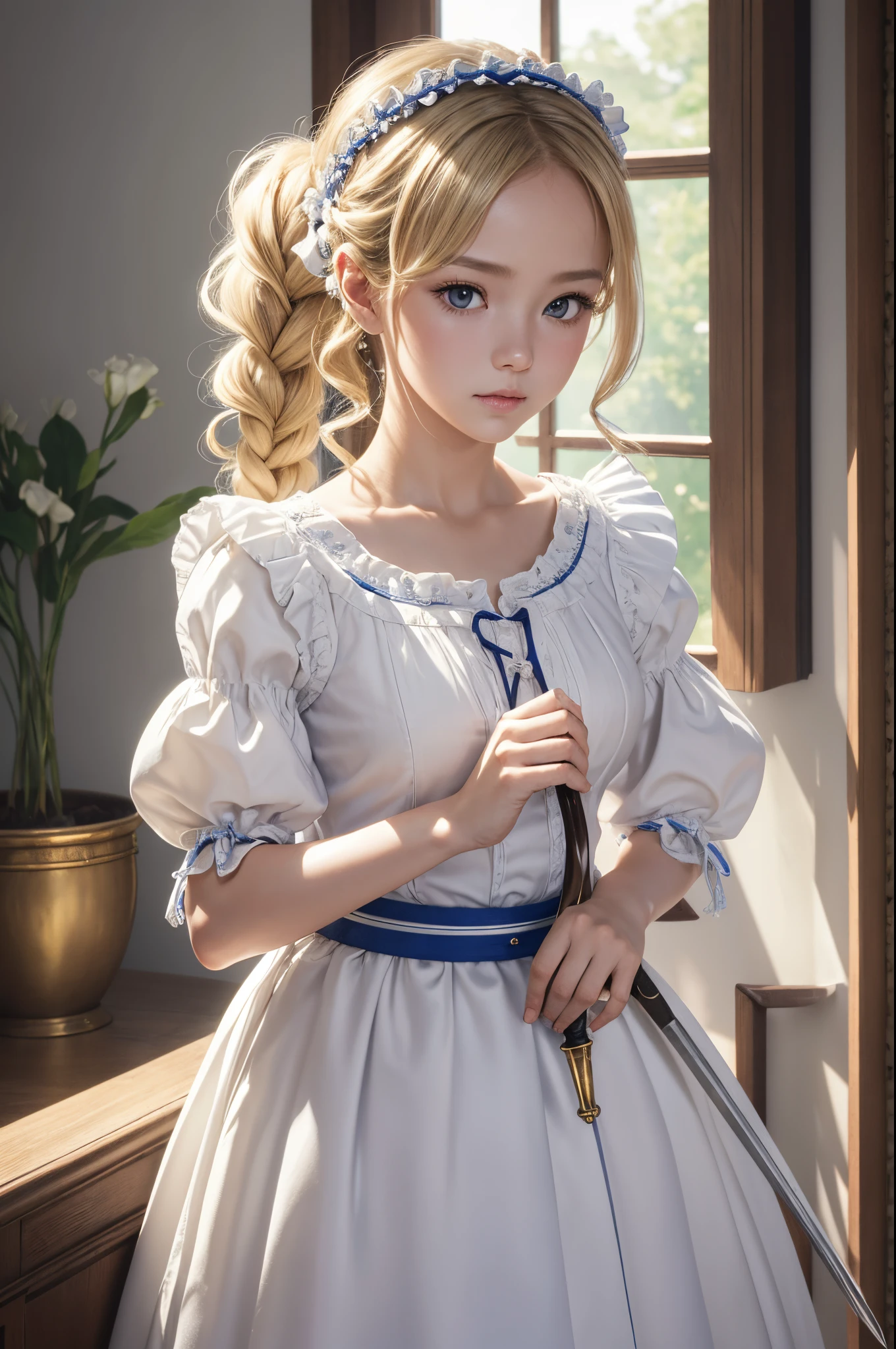 8K、of the highest quality、masutepiece、超A high resolution、(Photorealsitic:1.4)、1 infant maid、toddler maid with sword,blonde short perm hair、small breasted infant maid,Super beauty(Like the real thing)Ruffled headband、poneyTail、Braided hair、frilled blouse、Ribbon Ties、 Pinnafor、long skirt、puff sleeves、white silk ankle sokril、glistning skin、 In front of a large blue and white mansion、Sharp eye light,deadpan,beatiful backgrounds,超A high resolution,super realistic skin,Beautiful expression,Fantasyart,reallistic,super detailing,ultra -detail,character art,Glaring at the viewer,
