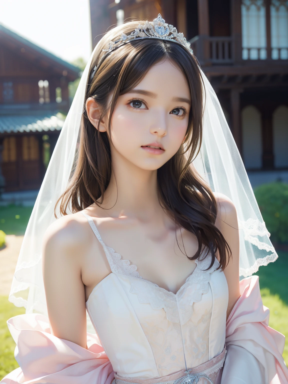 girl standing in a beautiful garden, (Best Quality, Ultra-detailed, Realistic:1.37), (Portraits, Photography), pink hues, Soft lighting, petite person, (White wedding dresses、a white veil、Silver tiara), (slender, smallbreast, flat-chest), Detailed skin texture, delicate sexy collarbone, A smile、10 years old female child, veil fluttering in the wind、Volume skirt with long hem、Shot from directly above、Face straight up、Poses in motion、Flushed cheeks、lowerbody、Brown eyes