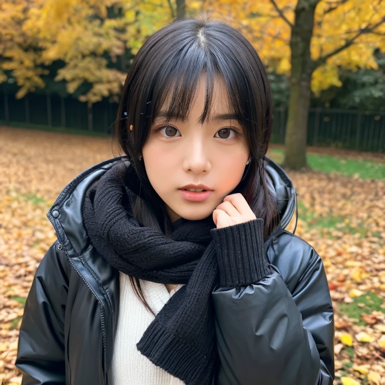 An ultra-high picture quality、Perfect Photo、japanes、Japanese female model、15yo student、a beauty girl、indoor white background、fullllbody、Narrow-eyed、large mouth、the wind、The upper part of the body、Autumn clothes、worry、looking downwards、Getting wet in the rain、sodden、get angry、dislike、soaked、