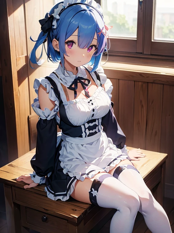 masterpiece, best quality, highres, ram1, 1girl, solo, rem \(re:zero\), blue hair, white thighhighs, short hair, red eyes, hair over one eye, ribbon trim, hair ribbon, x hair ornament, frills, maid headdress, waist apron, garter straps, black ribbon, medium breasts, cleavage, long sleeves, white apron, neck ribbon, purple ribbon, wide sleeves, hair flower, indoors, sitting, crossed legs,