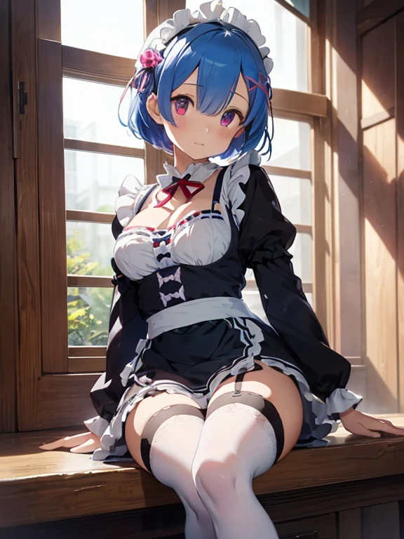 masterpiece, best quality, highres, ram1, 1girl, solo, rem \(re:zero\), blue hair, white thighhighs, short hair, red eyes, hair over one eye, ribbon trim, hair ribbon, x hair ornament, frills, maid headdress, waist apron, garter straps, black ribbon, medium breasts, cleavage, long sleeves, white apron, neck ribbon, purple ribbon, wide sleeves, hair flower, indoors, sitting, crossed legs,