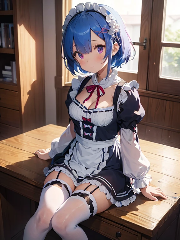 masterpiece, best quality, highres, ram1, 1girl, solo, rem \(re:zero\), blue hair, white thighhighs, short hair, red eyes, hair over one eye, ribbon trim, hair ribbon, x hair ornament, frills, maid headdress, waist apron, garter straps, black ribbon, medium breasts, cleavage, long sleeves, white apron, neck ribbon, purple ribbon, wide sleeves, hair flower, indoors, sitting, crossed legs,