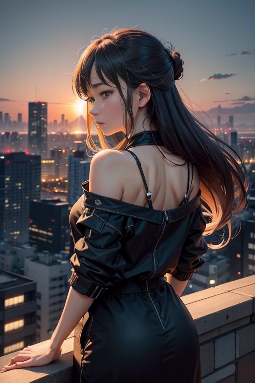 A woman stands on the roof looking at the city at night, calm evening. Over-the-shoulder lens, Watching the sun set. jpn, Tokyo anime anime scenes, with the city as the background, ( ( Xinhai sincerely ) ), Xinhai sincerely. —h 2160, looking over city, Tokyo rooftops as background, in front of a sci fi cityscape