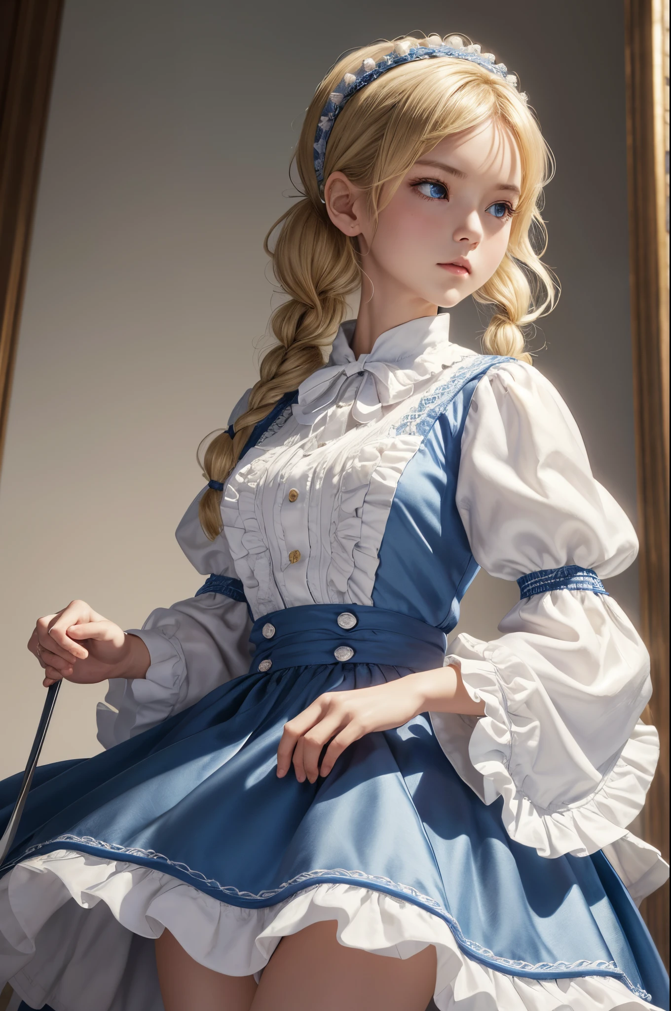 8K、of the highest quality、masutepiece、超A high resolution、(Photorealsitic:1.4)、1 infant maid、toddler maid with sword,blonde short perm hair、small breasted infant maid,Super beauty(Like the real thing)Ruffled headband、poneyTail、Braided hair、frilled blouse、Ribbon Ties、 Pinnafor、long  skirt、puff sleeves、white silk ankle sokril、glistning skin、 In front of a large blue and white mansion、Sharp eye light,deadpan,beatiful backgrounds,超A high resolution,super realistic skin,Beautiful expression,Fantasyart,reallistic,super detailing,ultra -detail,character art,Glaring at the viewer,