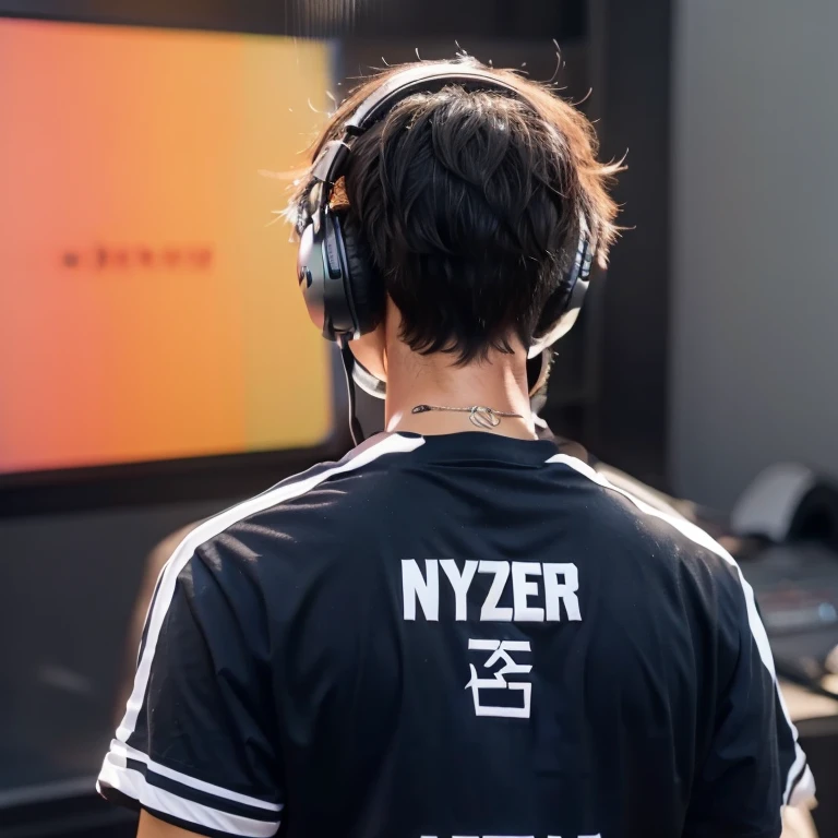 A boy with black tsirt with black hair wearing a headphone