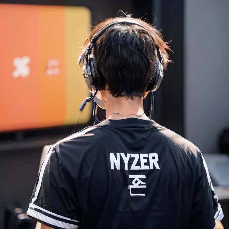 A teenage boy with black tsirt with black hair wearing a headphone