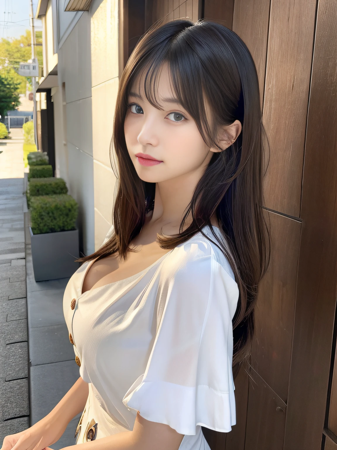 ((top-quality、8K、​masterpiece:1.3))、A Japanese Lady:1.2、Perfect Body Beauty:1.4、Slim abs:1.2、((Layered Hair Style、large full breasts:1.2))、(White Button Long Shirt:1.1)、tight skirts、age19、Highly detailed facial and skin texture、A detailed eye、二重まぶた、Aspect of looking at the camera