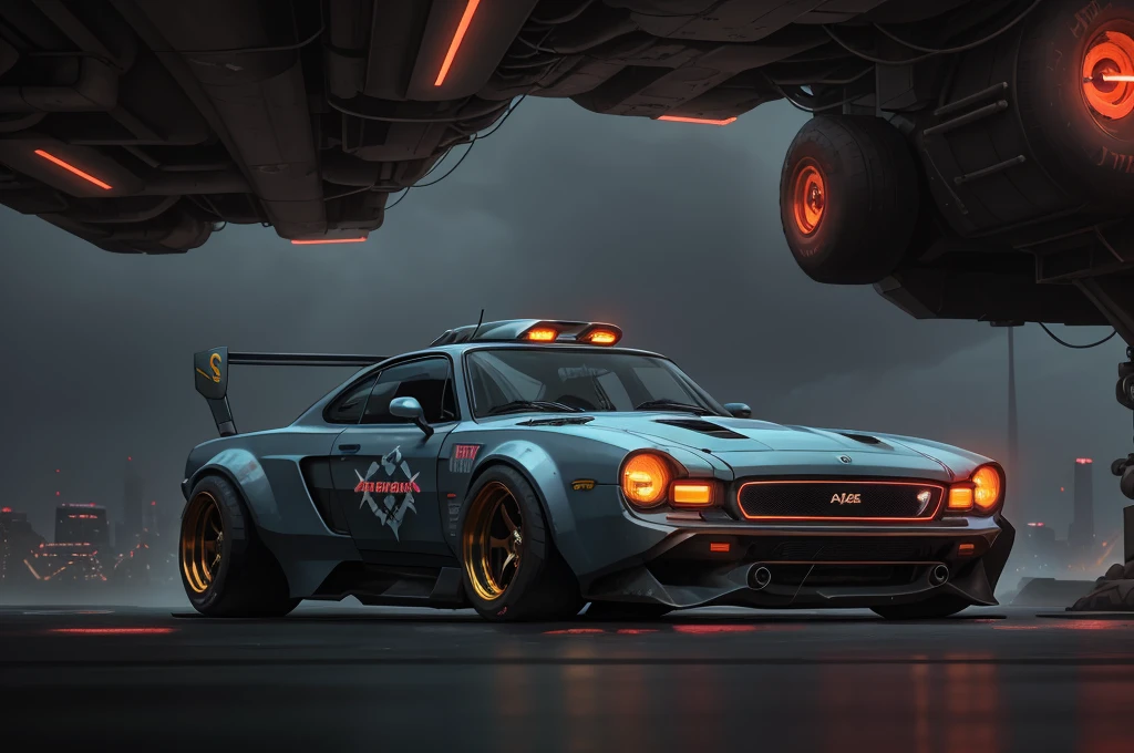 1 car, a 3/4 front view of ((futuristic cyberpunk hotrod zeekars)) (with glowing tires), at the parking lot