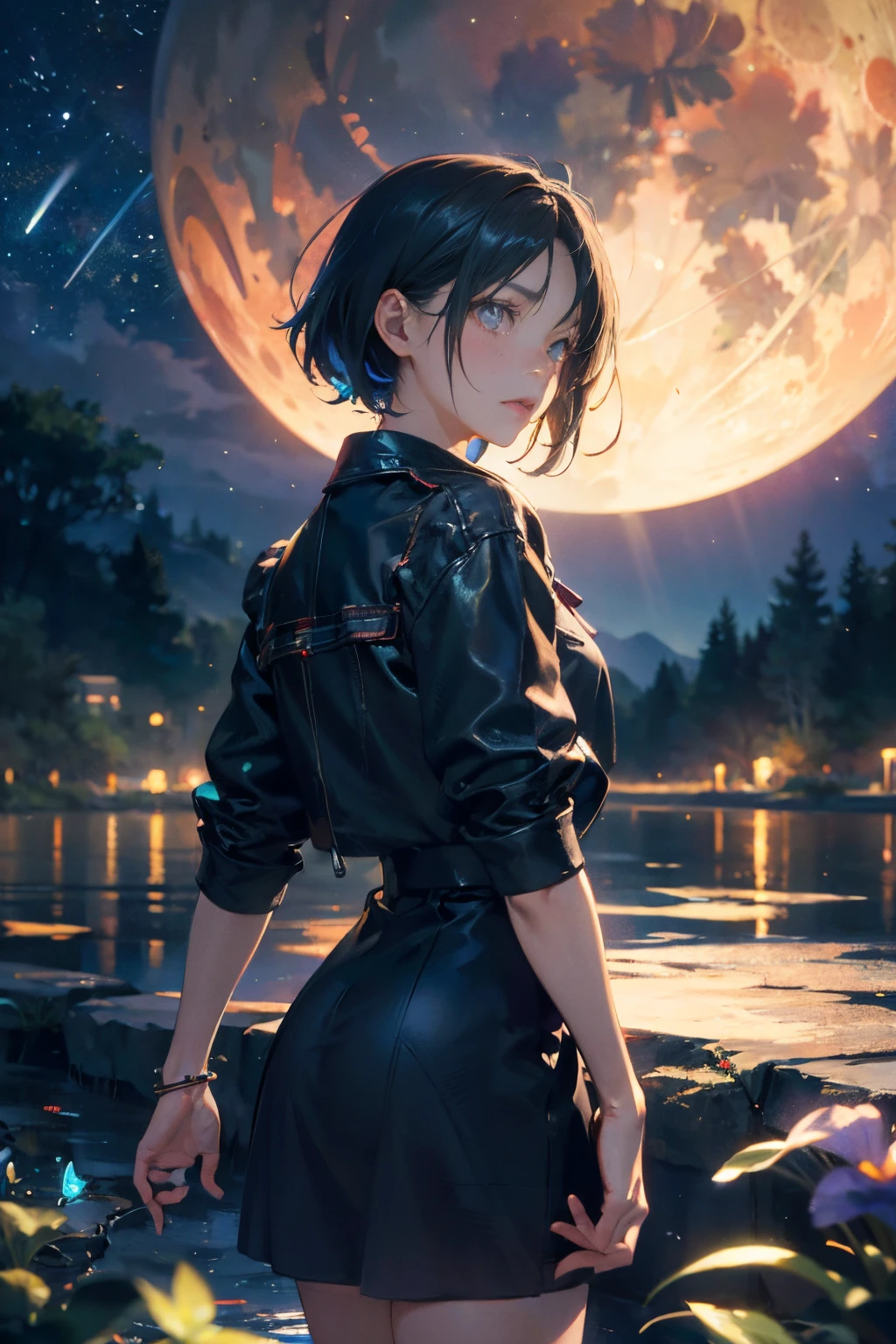 a 20 yo woman、Black blue Hair、poneyTail、(hi-top fade:1.3)、dark themed、Muted Tones、Subdued Color、highly contrast、(natural skin textures、Hyper-Realism、Soft light、sharp)、full moon night, starry sky, shooting stars, a girl standing on a sea of colorful flowers, looking up the sky, turn back to viewers, butterfly, fireflies, (girl focus:0.7) BREAK,Detailed,Realistic,4k highly detailed digital art,octane render, bioluminescent, BREAK 8K resolution concept art, realism,by Mappa studios,masterpiece,best quality,official art,illustration,ligne claire,(cool_color),perfect composition,absurdres, fantasy,focused, rule of thirds