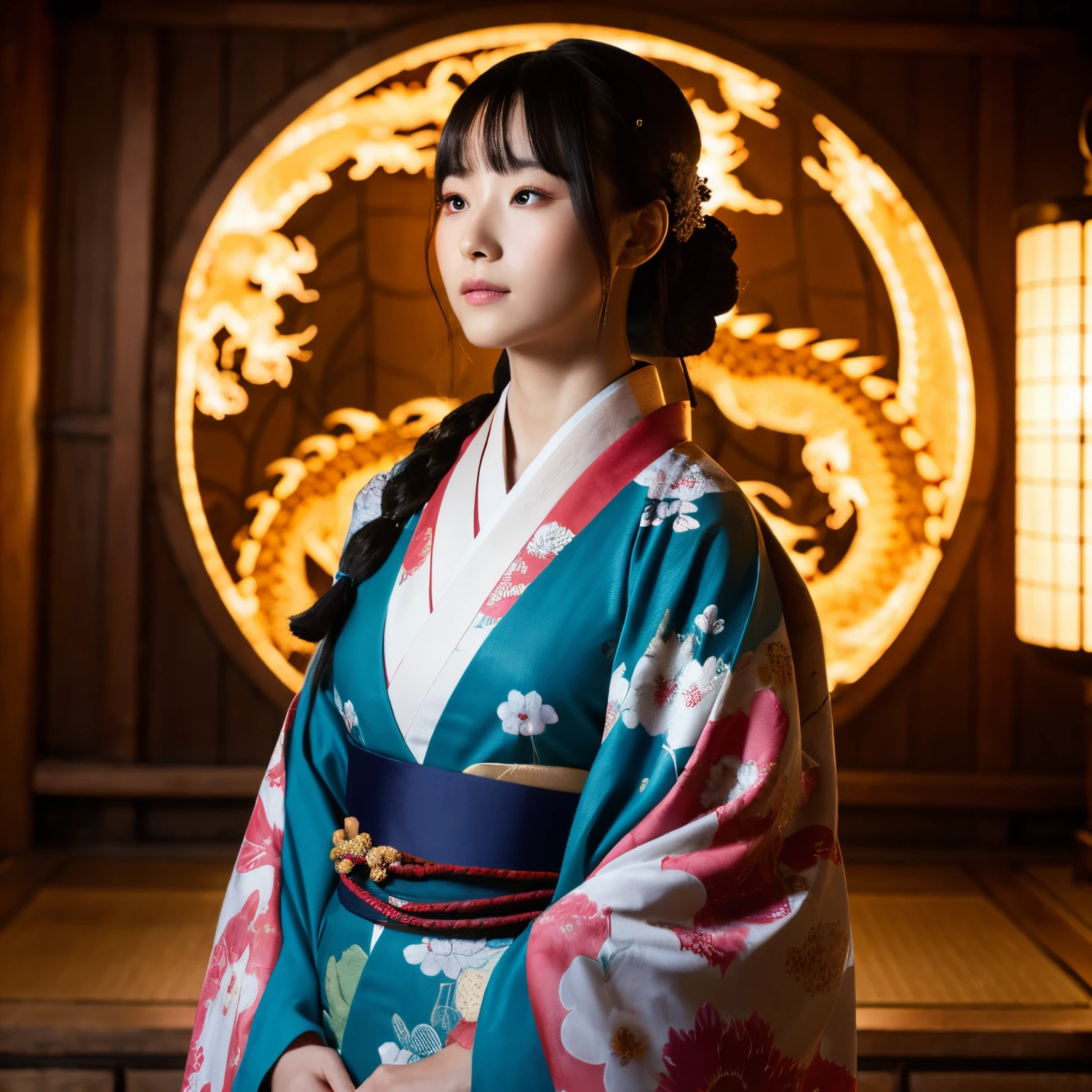 A girl wearing a kimono is standing in front of the dragon.