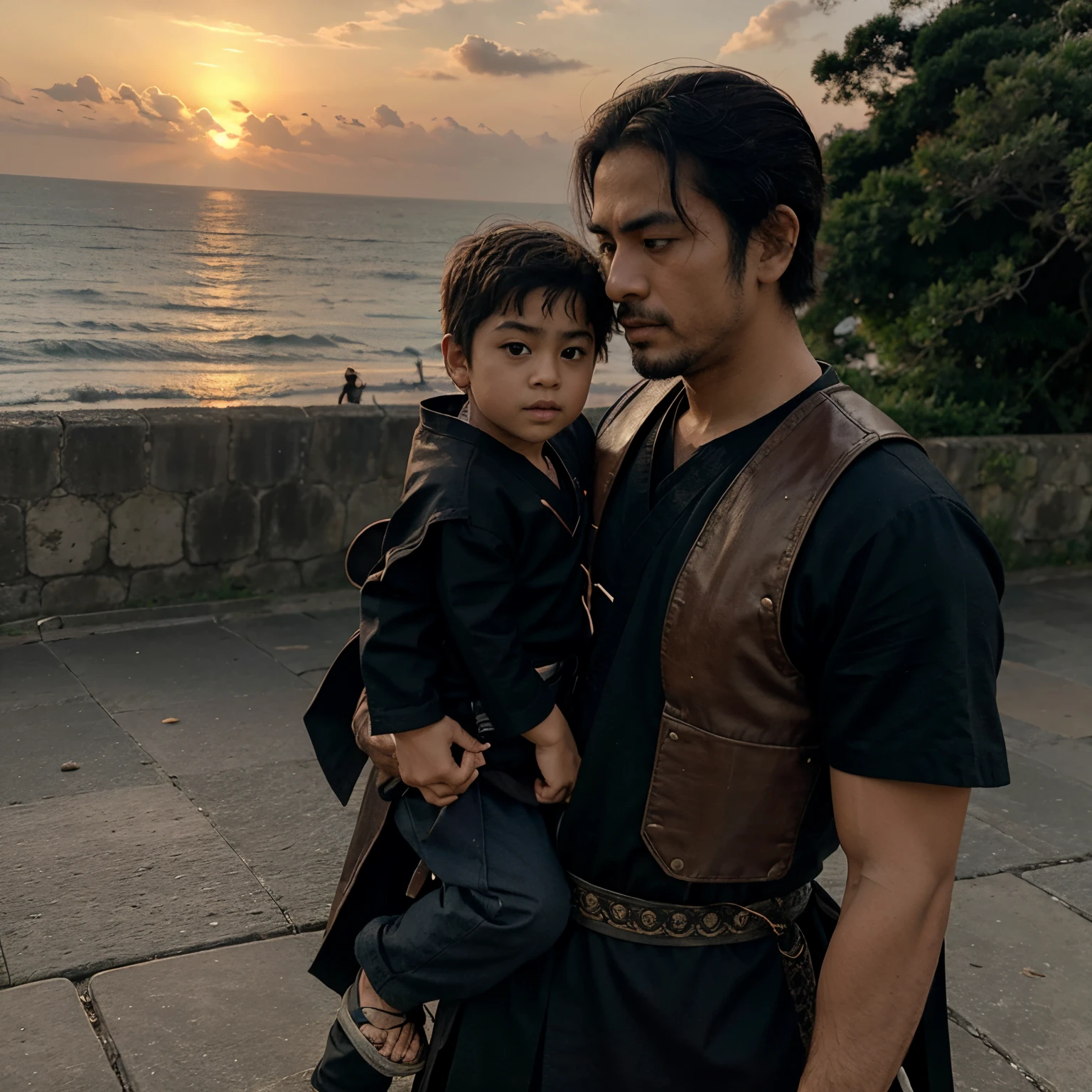 Manga de pai e filho samurai observando o por do sol na prai e um dragao Voa em volta do sol