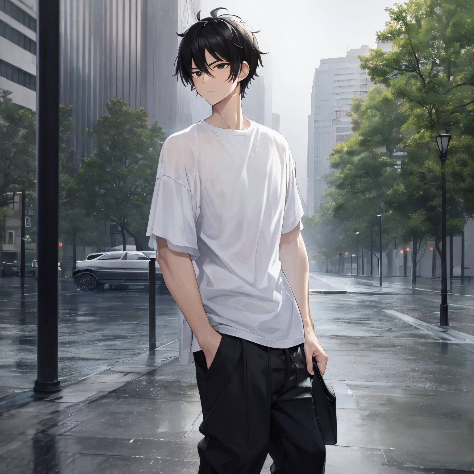 1 man, black hair, black eyes, in a rainy park, wearing an oversized white shirt, wearing long black trousers, full HD, 4k, masterpiece