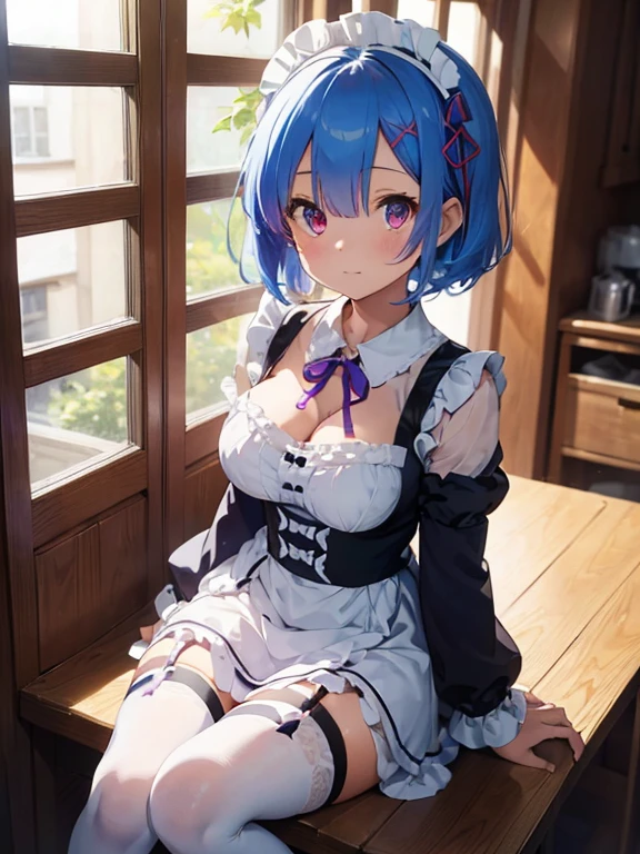 masterpiece, best quality, highres, ram1, 1girl, solo, rem \(re:zero\), blue hair, white thighhighs, short hair, red eyes, hair over one eye, ribbon trim, hair ribbon, x hair ornament, frills, maid headdress, waist apron, garter straps, black ribbon, medium breasts, cleavage, long sleeves, white apron, neck ribbon, purple ribbon, wide sleeves, hair flower, indoors, sitting, crossed legs,nude