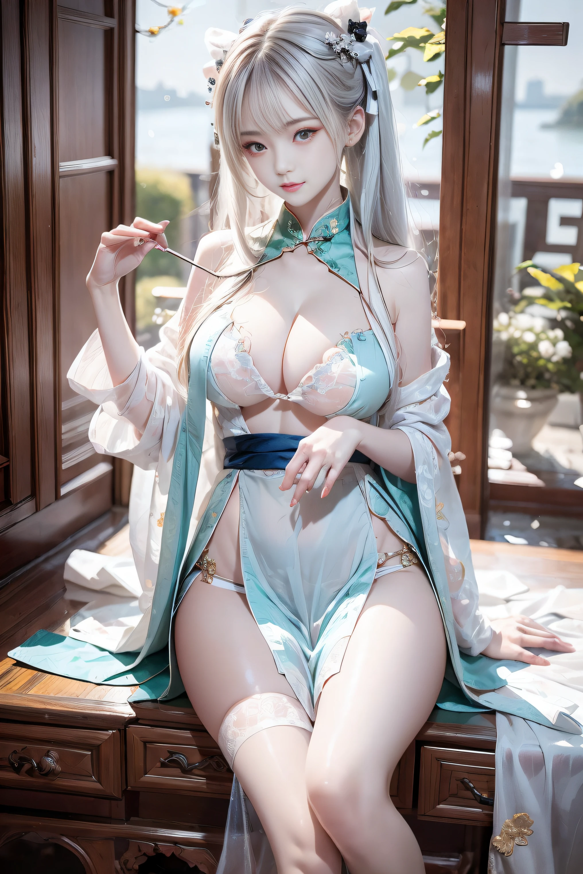 (quality、tmasterpiece:1.2), sweet girl,pigtails,silvery white hair、Smooth skin、Beautiful mouth、(beautiful postures),(Chinese style translucent pocket fabric),Translucent blue-green gorgeous Chinese cheongsam,themoon,Lying in the snow,Sit Pose,Visible on the back,Visible,((Super big and soft breasts:1.5)),Accent strapless,Clear silk scarf,Translucent white plush shawl,red and white, umbrella,folding fan,petals,natta