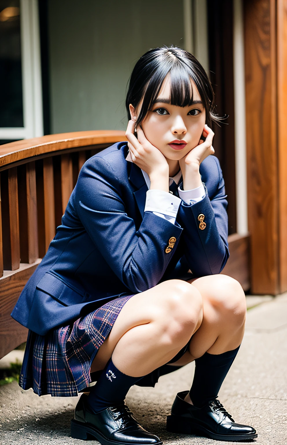 Dark blue high socks majicMIX Real、(Raw photography:1.2)、(Photorealsitic:1.4)、The beauty of beautiful details and delicate facial expressions、a blond、((Panties are visible))(Squatting panty shots)piercings Lashes beatiful detailed eyes、huge filesize、ultra-detailliert、hight resolution、Transcendent beauty top-quality、masterpiece、、(Japanese girls' high school uniform))、Very detailed expression Magnificent、finely detail、Highly detailed face movie lighting、A 23-year-old girl、front facing、((dynamicposes)))、(Sitting on legs with bent knees))、pleatedskirt、blazers、Sexy upper eyes