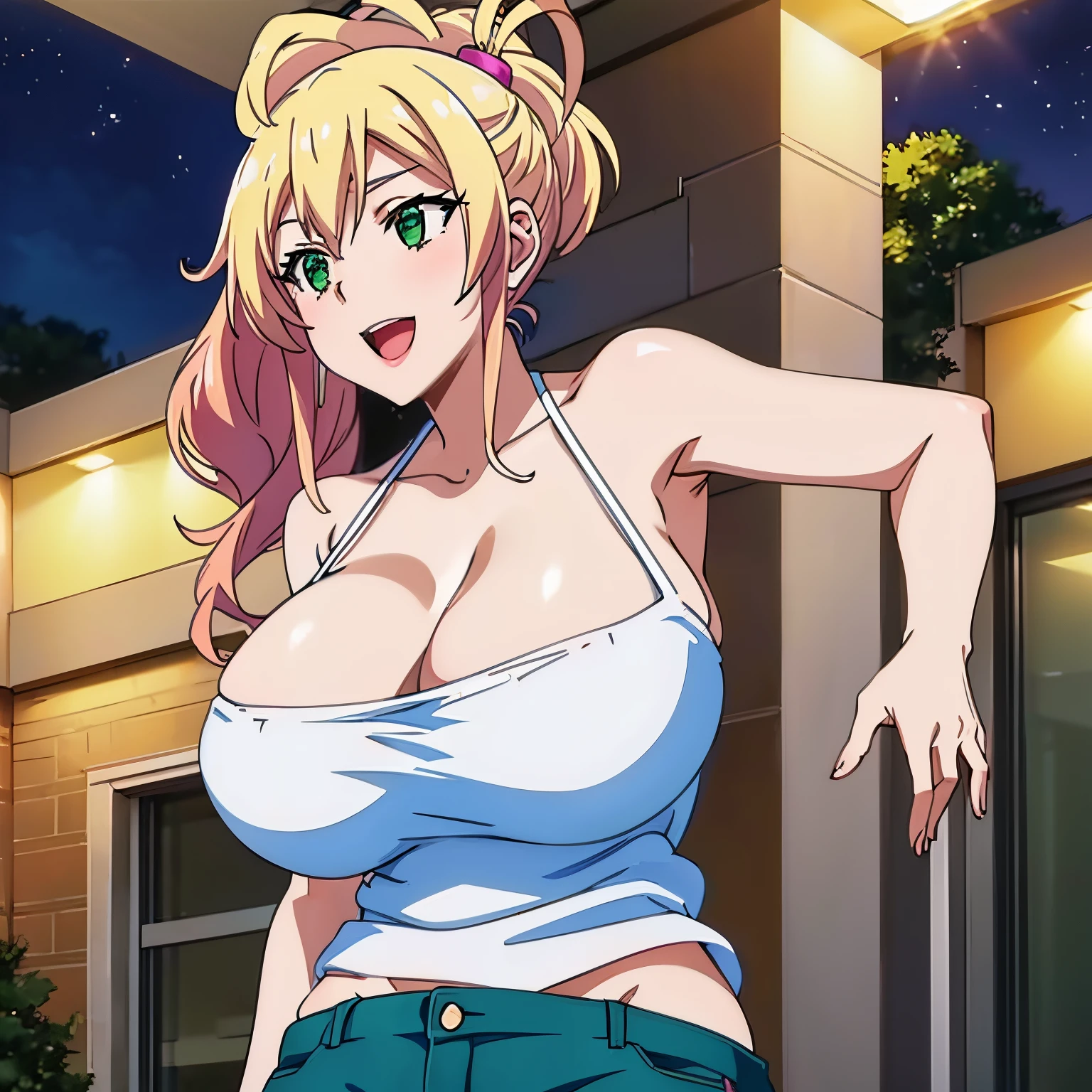 1women, ((nude)), ((huge tits)),  slim waist, outdoor, night city, ((busty)), blonde hair, green eyes, ponytail hair, smile, white tank top, jeans pants, open mouth