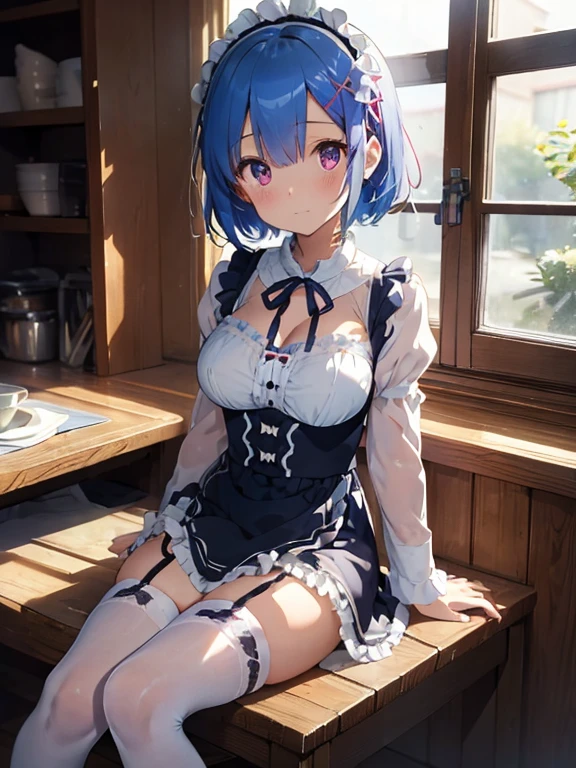 masterpiece, best quality, highres, ram1, 1girl, solo, rem \(re:zero\), blue hair, white thighhighs, short hair, red eyes, hair over one eye, ribbon trim, hair ribbon, x hair ornament, frills, maid headdress, waist apron, garter straps, black ribbon, medium breasts, cleavage, long sleeves, white apron, neck ribbon, purple ribbon, wide sleeves, hair flower, indoors, sitting, crossed legs,nude, dripping pussy