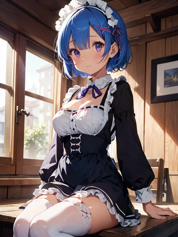 masterpiece, best quality, highres, ram1, 1girl, solo, rem \(re:zero\), blue hair, white thighhighs, short hair, red eyes, hair over one eye, ribbon trim, hair ribbon, x hair ornament, frills, maid headdress, waist apron, garter straps, black ribbon, medium breasts, cleavage, long sleeves, white apron, neck ribbon, purple ribbon, wide sleeves, hair flower, indoors, sitting, crossed legs,nude, dripping pussy