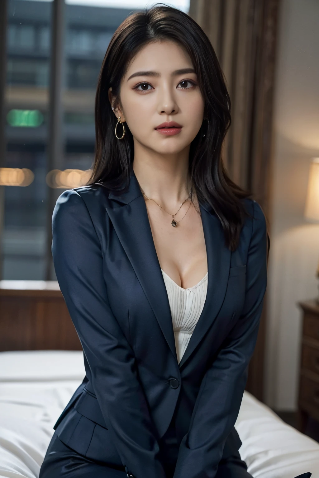 hight resolution, extremely detailed photo, hyper realstic, Professional Lighting, detailed bust, 8k wallpaper, masutepiece, Best Quality, 1girl in, straight haired, Look at viewers, Business suits, Dark blue suit, The shirt, Earring, a necklace, pantyhose, well-shaped bust, bokeh dof, Arms Down, Breasts squeezed together