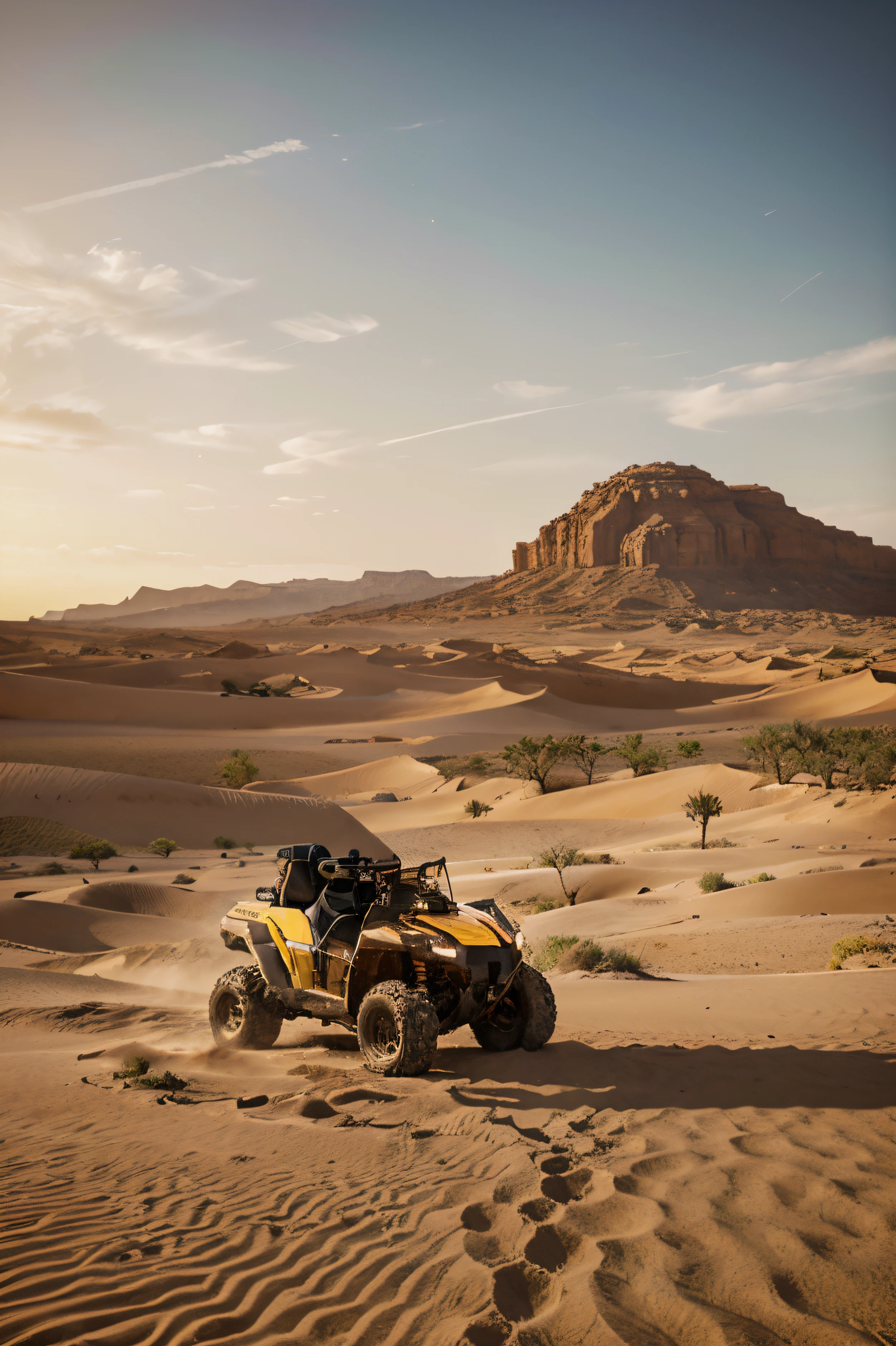 ATV veiculo saltando duna, camera vendo um pouco a parte de baixo, depth of field at a distance, Luz da noite, Sunset, deserto, mexico, Oeste dos EUA, Yellow sand in the sky,O fundo um vasto deserto,cenas de jogo, arte de paisagem, environment design illustration, scenery art detailed, Desert oasis landscape, Conceito-Arte, Arte digital altamente detalhada em 4k, Pintura digital 4K, Pintura digital 4k, stunning digital illustration, fundo do deserto, arte conceitual de pintura digital, pintura digital detalhada