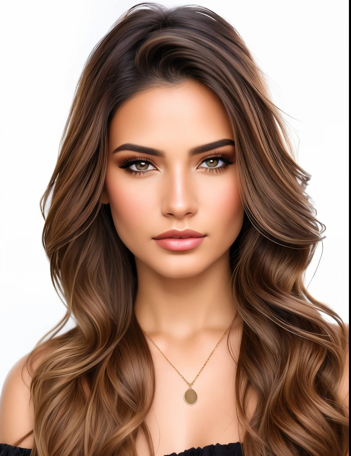 um close up de uma mulher com cabelos longos e um colar, Avatar do Second Life, wlop pele brilhante, IMVU, rosto detalhado realista, rosto bonito realista, rosto realista detalhado, lblsck cabelo, detailed blurry hair, single realistic face, pele bronzeada, ealistic shaded perfect face, cara muito realista, rosto perfeito sombreado realista, Face extremamente realista