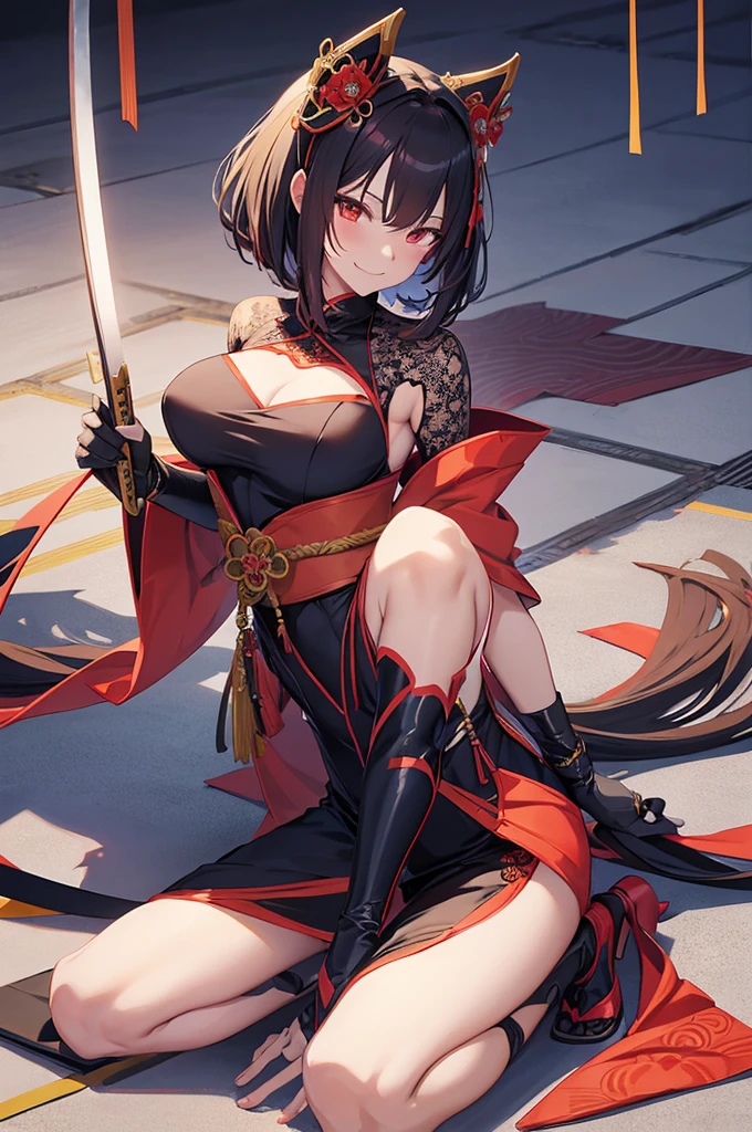 Anime style, beautiful girl in sexy ninja suit, Oiran style hair, smiling.
Suit in semi-transparent, sexually alluring.
No bare skin, all behind semi-transparent lace, face covered in semi-transparent lace too.
holding an extremely long katana at waist horizontally, part of blade is out, sexy pose.
Kneeling, submissive, obedient
Background is a Japanese style garden.