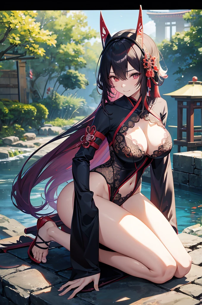 Anime style, beautiful girl in sexy ninja suit, Oiran style hair, smiling.
Suit in semi-transparent, sexually alluring.
No bare skin, all behind semi-transparent lace, face covered in semi-transparent lace too.
holding an extremely long katana at waist horizontally, part of blade is out, sexy pose.
Kneeling, submissive, obedient	
Background is a Japanese style garden.