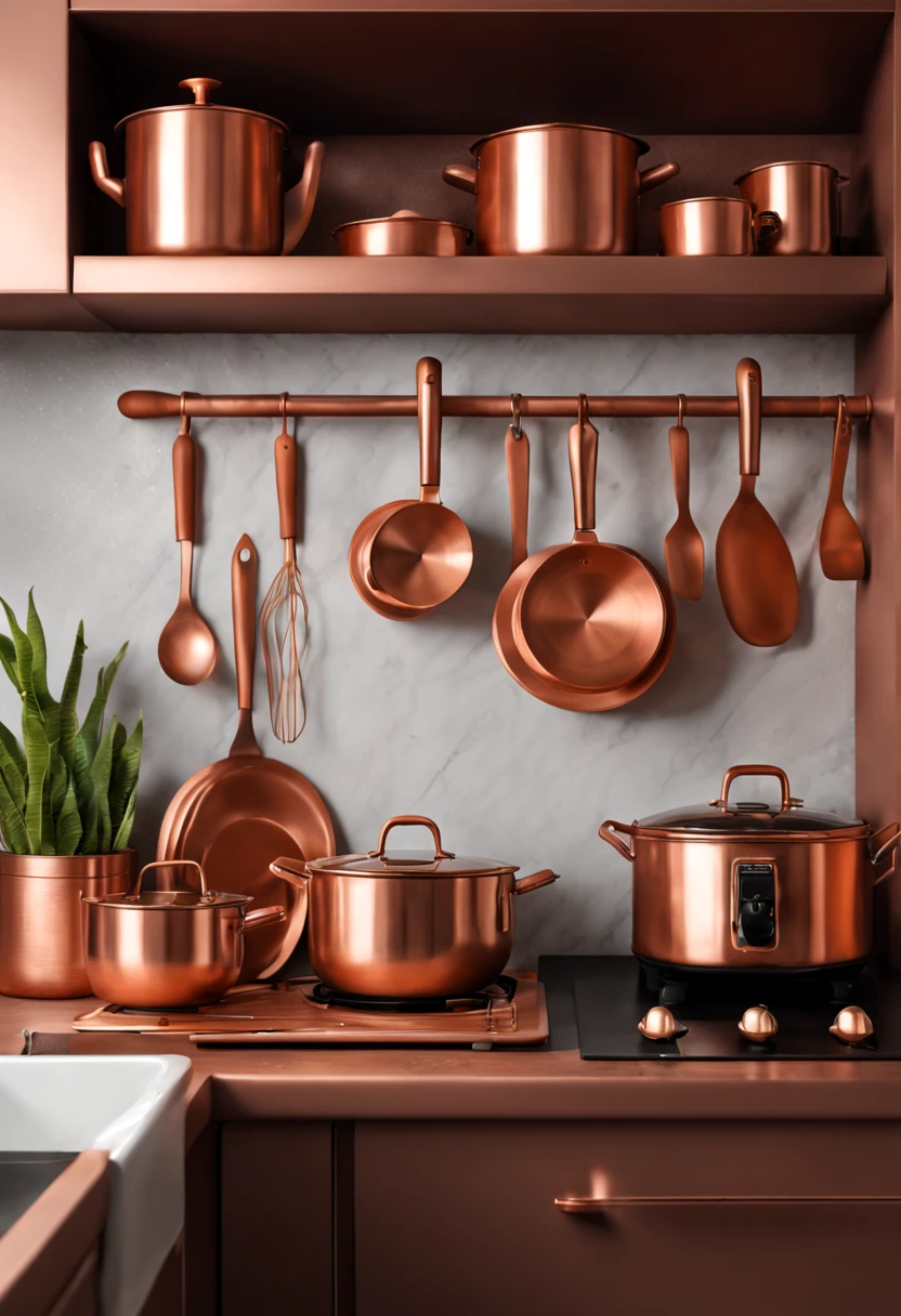 Kitchen appliances with copper colored utensils ,cacerolas cobre colgadasllleno de plantas, bosques, lleno de vitalidad, (La mejor calidad, Obra maestra, Labor representativa, Arte Oficial, profesional, Unidad 8K Fondo de pantalla:1.3.